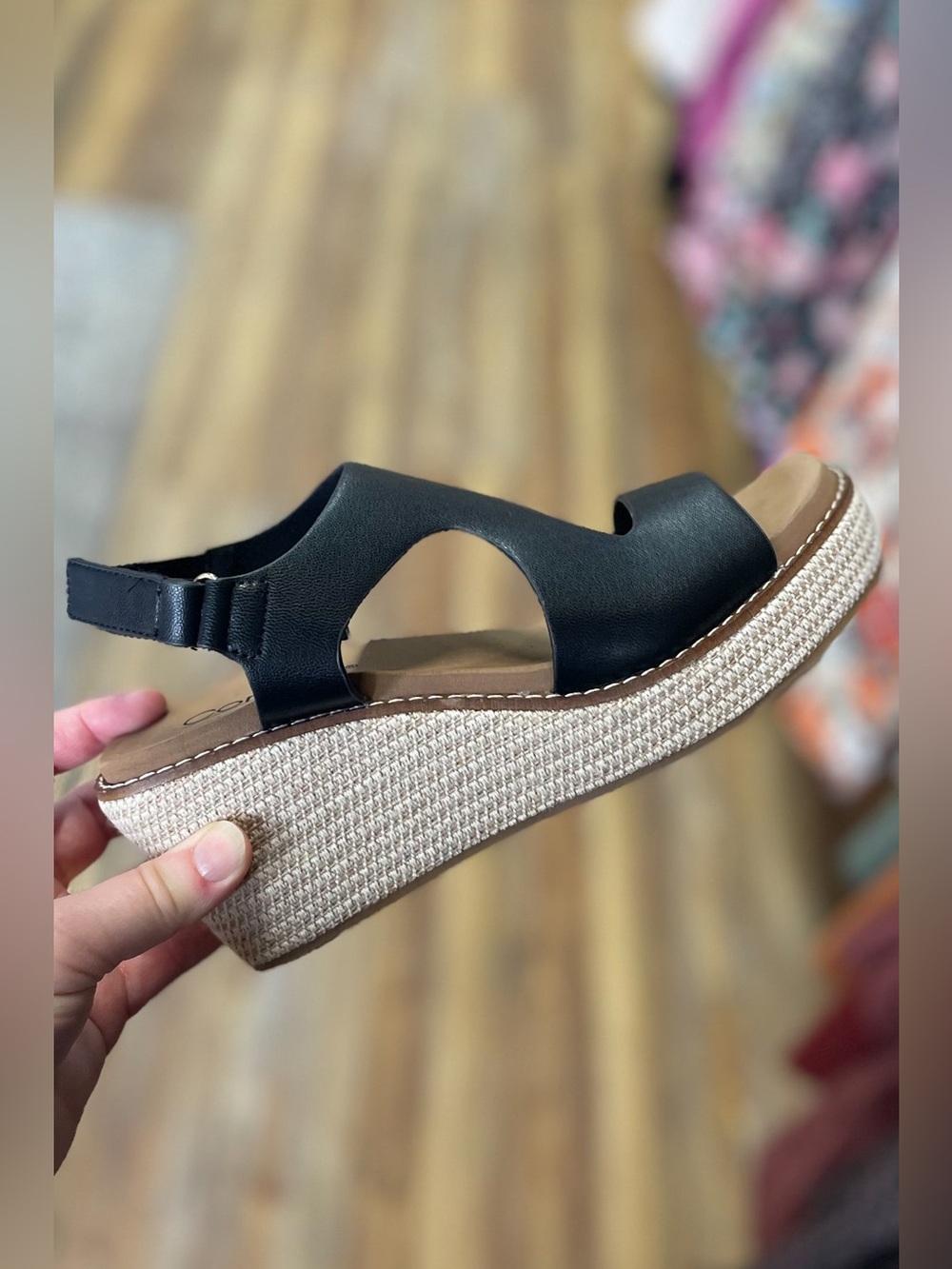 Corkys Footwear Steppin Out Black Wedge Sandals with raffia outsole